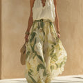 Set Top Senza Maniche in Chiffon con Rouches e Pantaloni a Stampa di Gigli