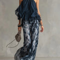 Top Halter Neck Navy e Pantaloni Larghi Stampati in Chiffon