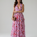 Nori | Abito Maxi Floreale con Corpino Arricciato e Scollo All'Americana