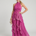 Orea | Abito Maxi con Collo Alto e Righe Arricciate
