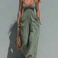 Jumpsuit Boho con Pizzo e Gamba Larga con Tasche Applicate