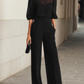 Top e Pantaloni a Gamba Larga in Chiffon Nero - Set Tre Pezzi