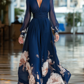 Abito Maxi Fiori Plissettato Tulle Blu N