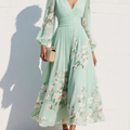 Abito Midi Chiffon Verde Plissettato V-n