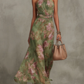 Abito Maxi Chiffon Verde Halter Floreale