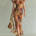Stampa di un Dipinto a Olio Bohemien Arancione Abito Maxi in Chiffon