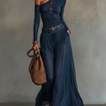 Top Asimmetrico Blu Navy e Gonna in Tulle Trasparente Set Due Pezzi (con cintura)