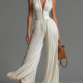 Tuta in Chiffon Bianco Senza Maniche con Zip e Pieghe a Gamba Larga