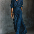 Elegante Set di Camicia in Cotone e Lino Blu Scuro con Gonna Lunga