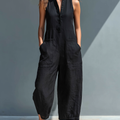 Salopette senza maniche in misto lino minimalista con colletto rialzato e bottoni per donna MDZ2725A5Y