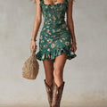 Mini Abito Ruffles Stampato Verde Bohemien
