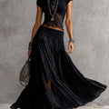 Set Top in Pizzo Nero Trasparente e Gonna Maxi Plissettata